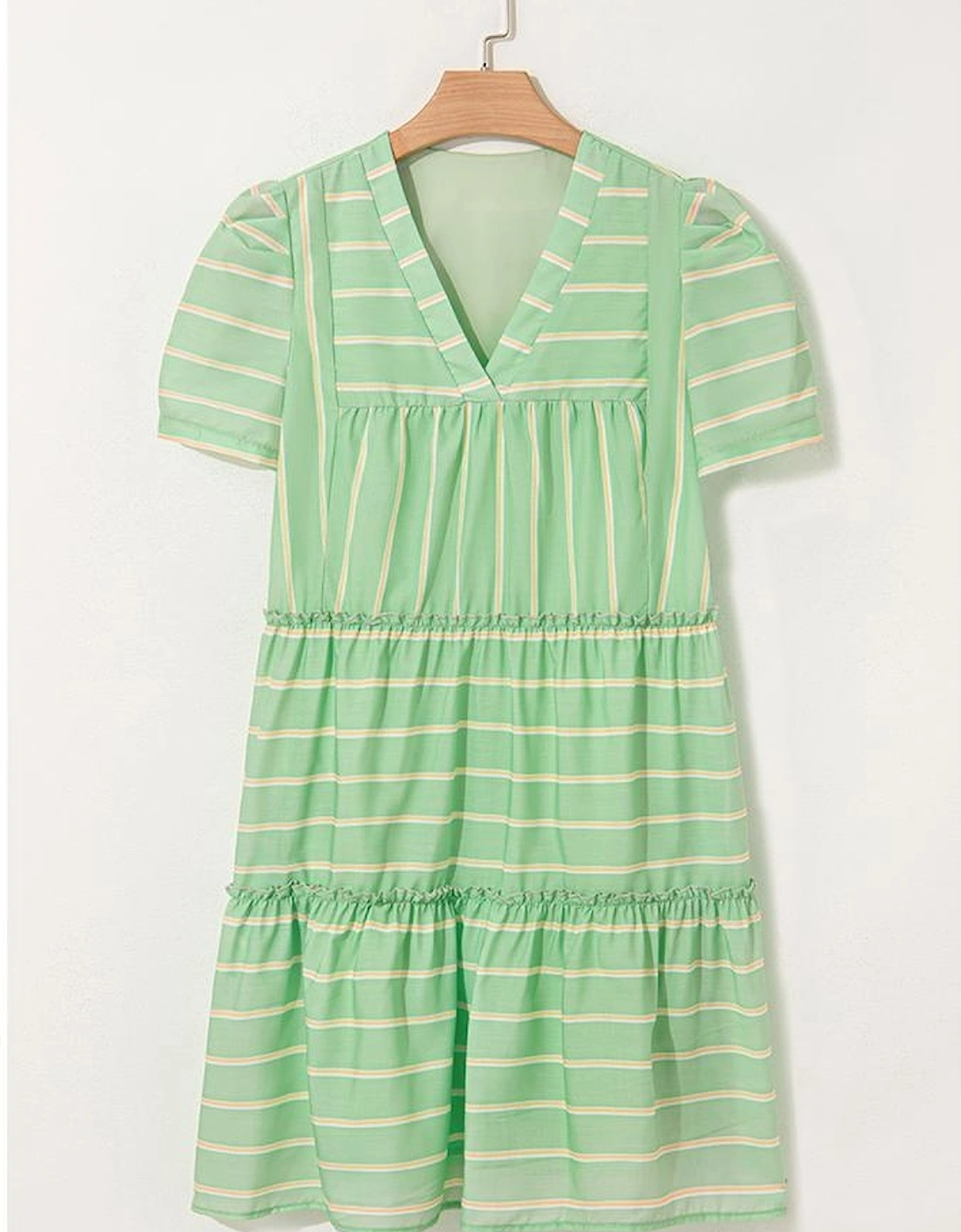 Green Stripe V Neck Short Sleeve Frilled Detail A-line Dress