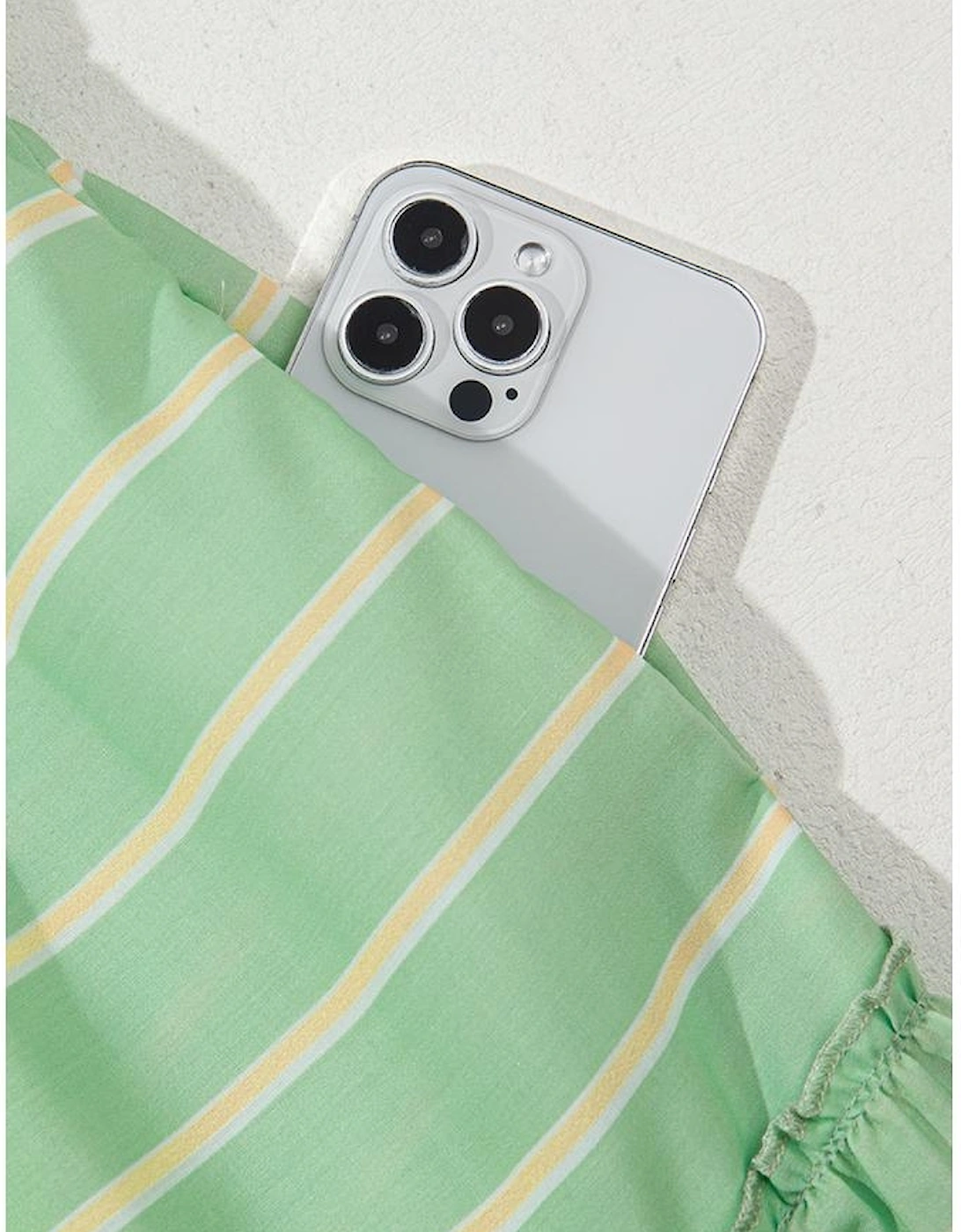 Green Stripe V Neck Short Sleeve Frilled Detail A-line Dress