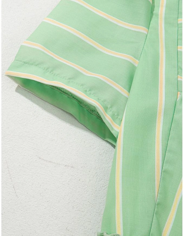 Green Stripe V Neck Short Sleeve Frilled Detail A-line Dress