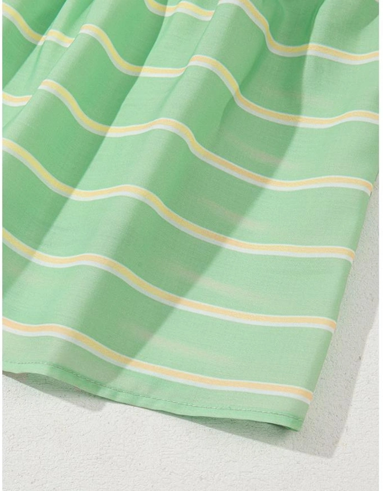 Green Stripe V Neck Short Sleeve Frilled Detail A-line Dress