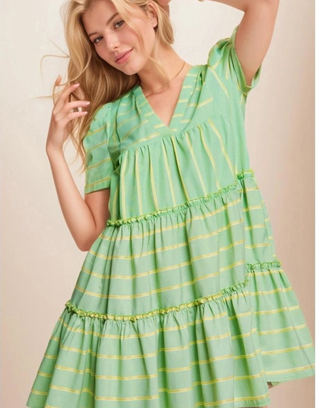 Green Stripe V Neck Short Sleeve Frilled Detail A-line Dress