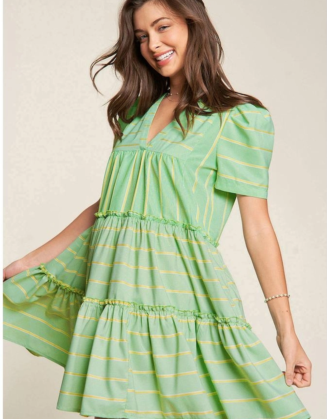 Green Stripe V Neck Short Sleeve Frilled Detail A-line Dress