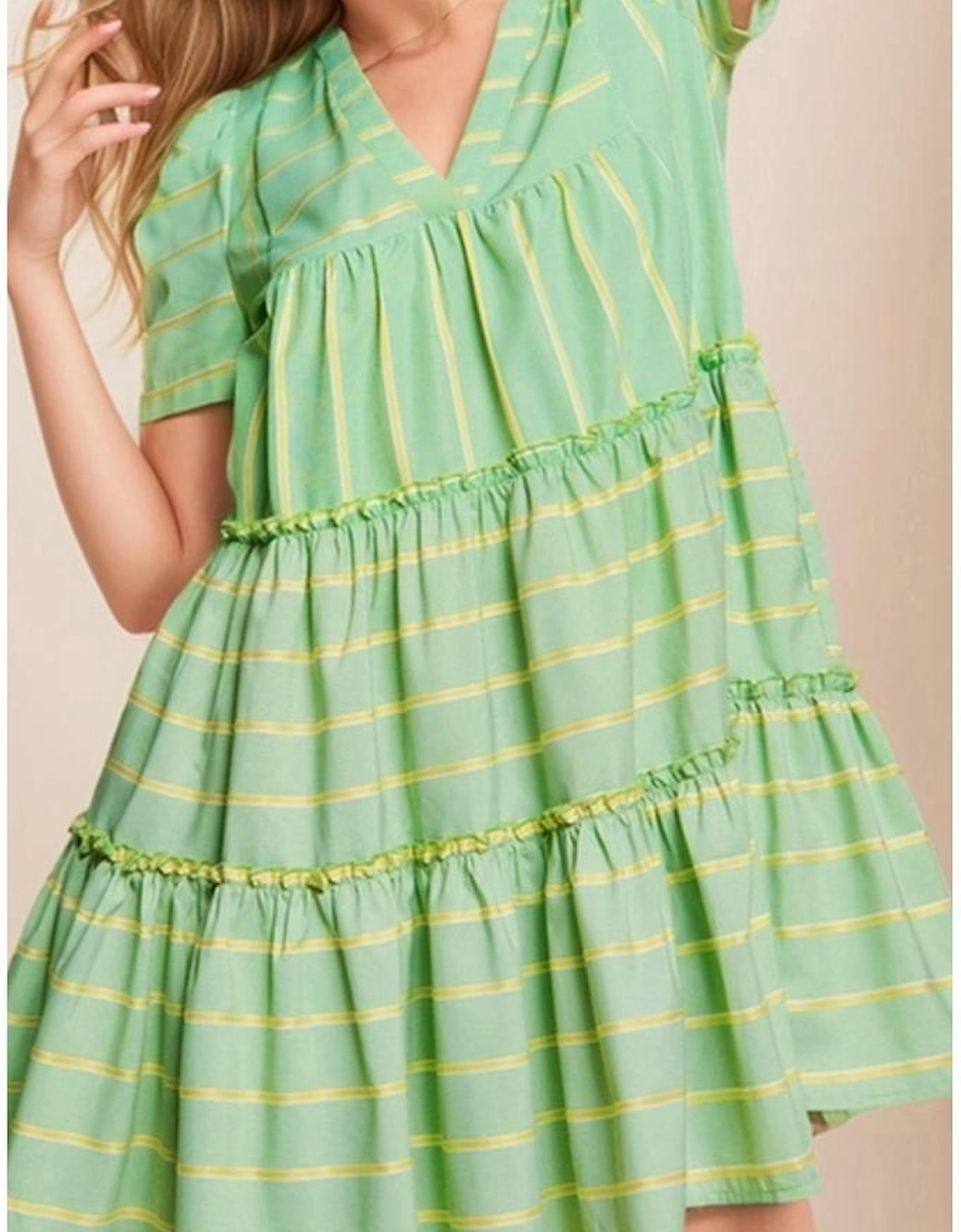 Green Stripe V Neck Short Sleeve Frilled Detail A-line Dress