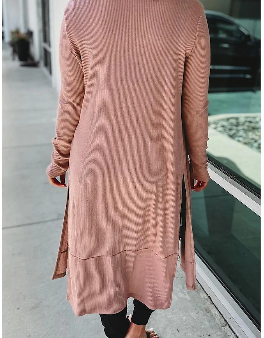 Pink Ribbed Button-Up Split Duster Cardigan
