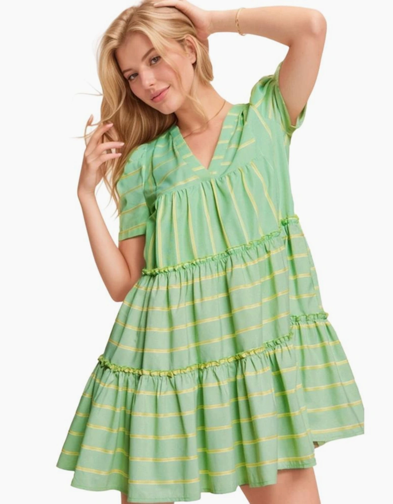 Green Stripe V Neck Short Sleeve Frilled Detail A-line Dress