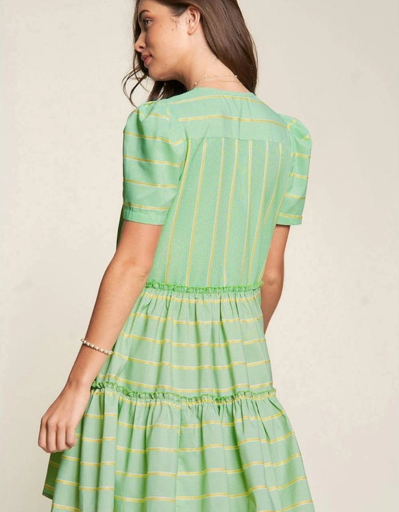 Green Stripe V Neck Short Sleeve Frilled Detail A-line Dress