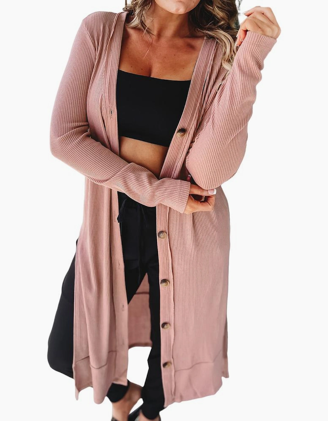 Pink Ribbed Button-Up Split Duster Cardigan
