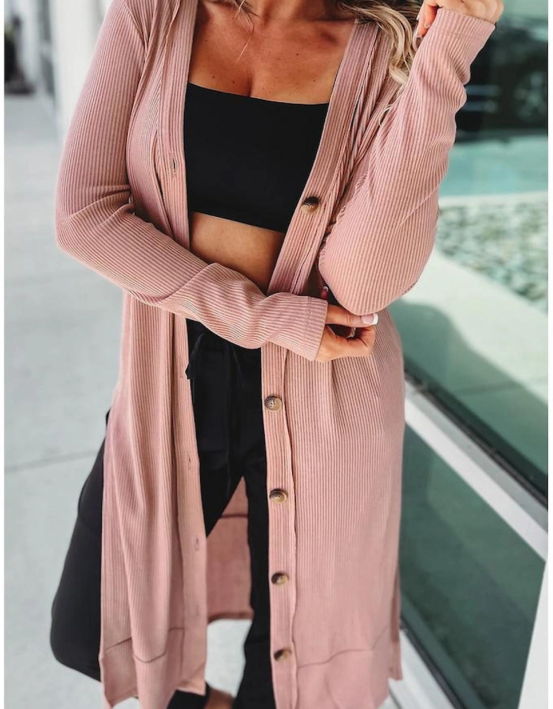 Pink Ribbed Button-Up Split Duster Cardigan