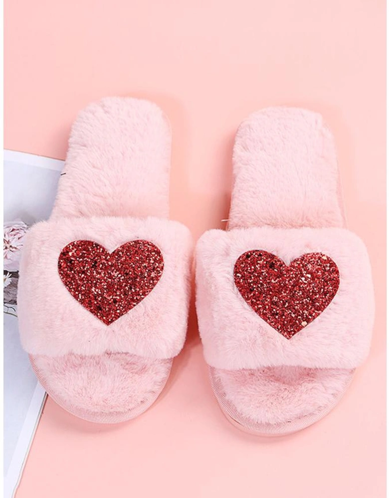 Pink Sequin Heart Shaped Slip On Plush Slippers