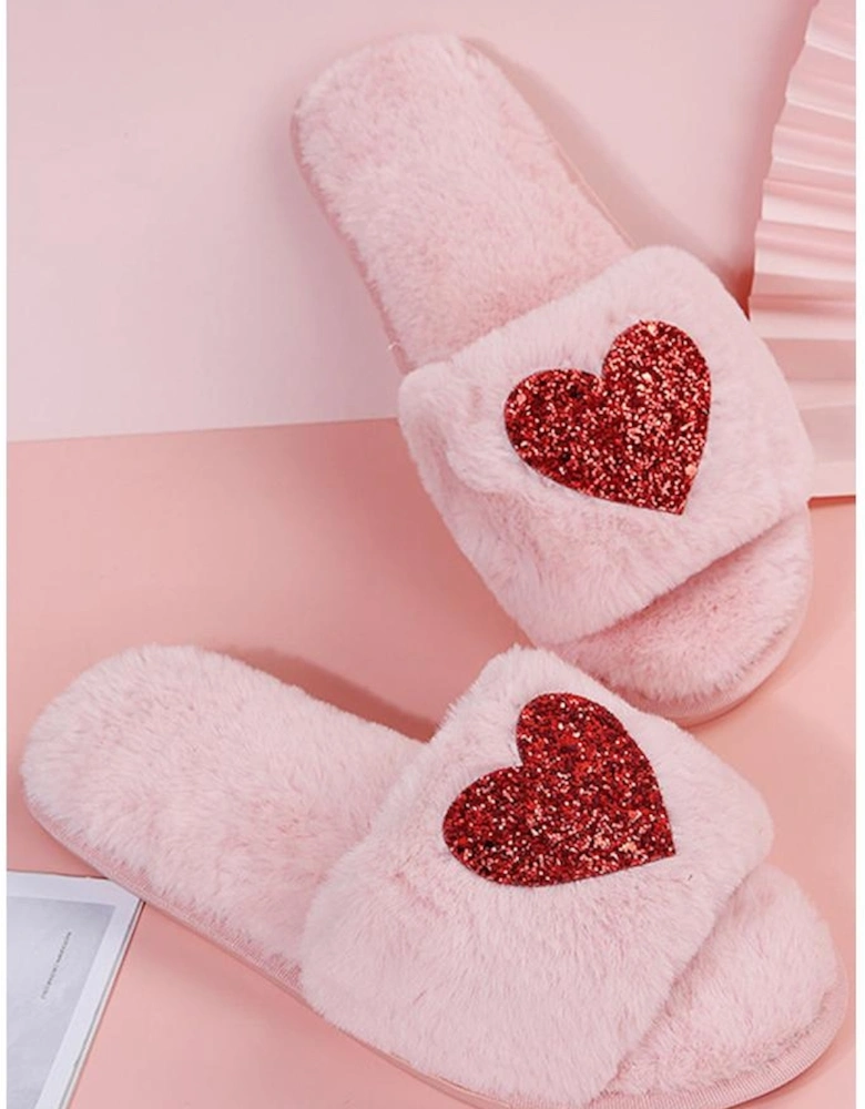 Pink Sequin Heart Shaped Slip On Plush Slippers