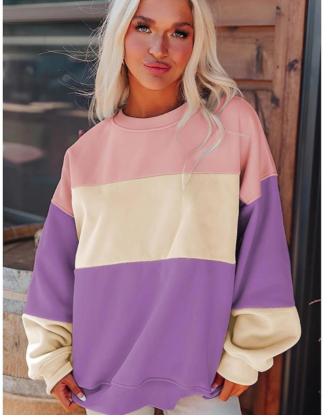 Meadow Mauve Colorblock Patchwork Drop Shoulder Sweatshirt, 5 of 4