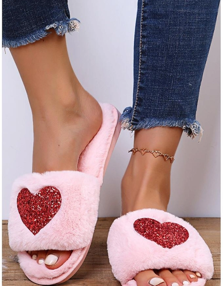 Pink Sequin Heart Shaped Slip On Plush Slippers