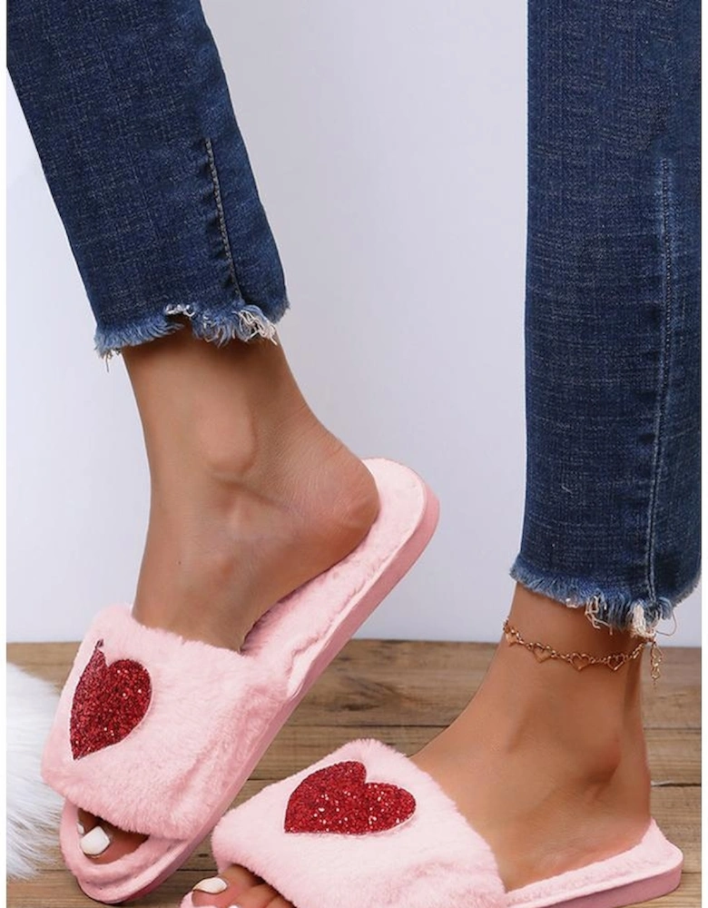 Pink Sequin Heart Shaped Slip On Plush Slippers