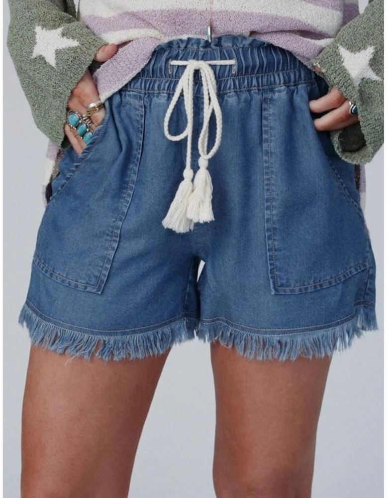 Ashleigh Blue Raw Hem Drawstring High Waist Denim Shorts with Pockets