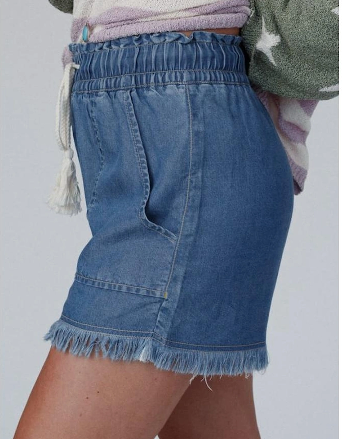 Ashleigh Blue Raw Hem Drawstring High Waist Denim Shorts with Pockets