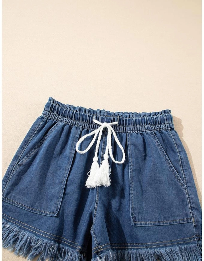 Ashleigh Blue Raw Hem Drawstring High Waist Denim Shorts with Pockets