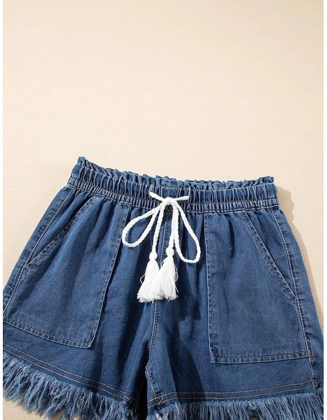 Ashleigh Blue Raw Hem Drawstring High Waist Denim Shorts with Pockets