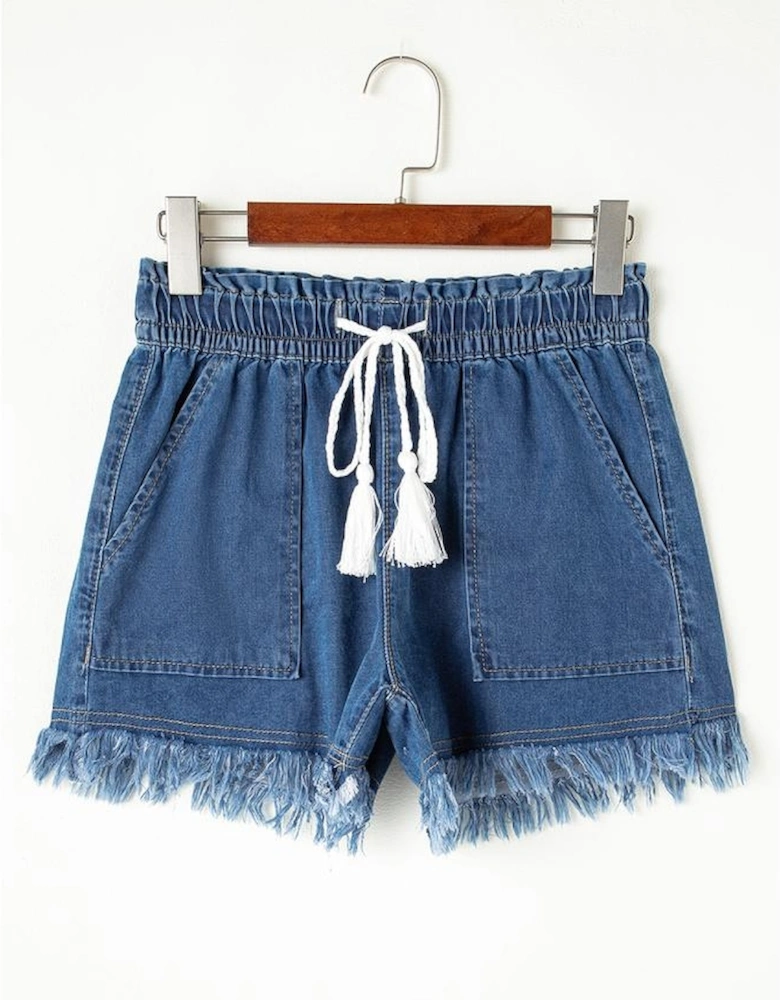 Ashleigh Blue Raw Hem Drawstring High Waist Denim Shorts with Pockets