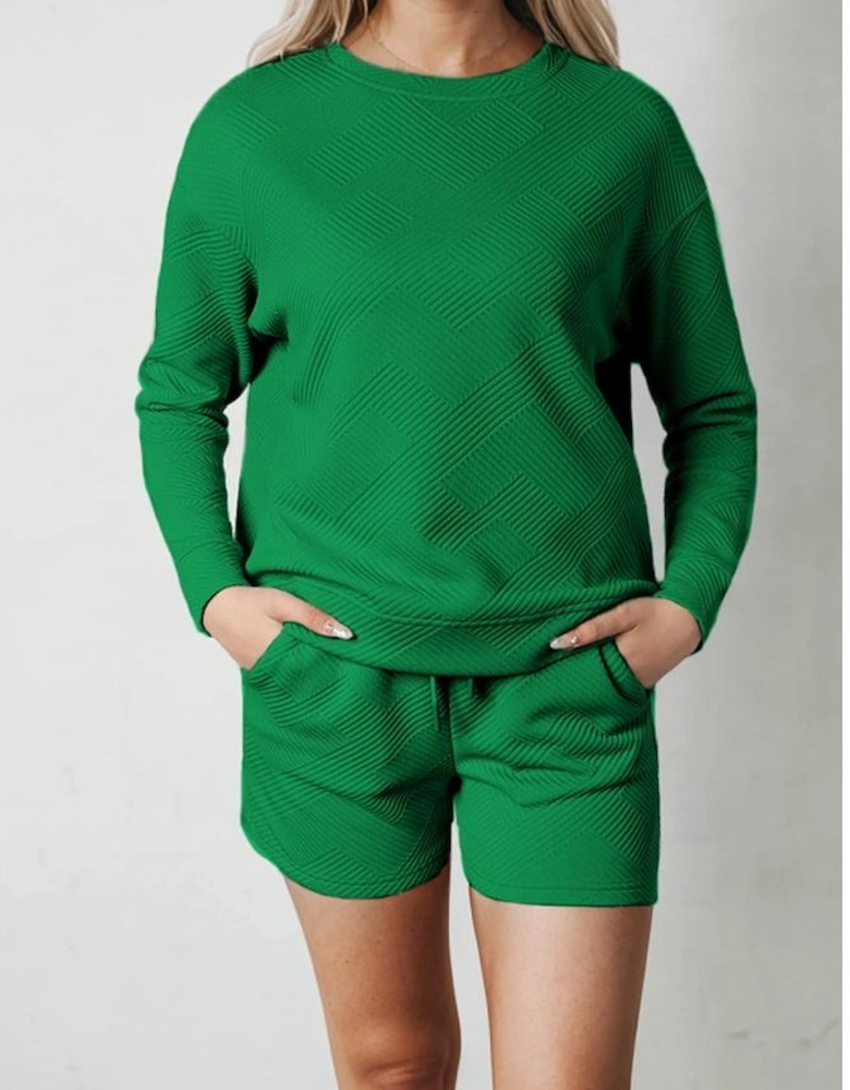 Green Textured Long Sleeve Top and Drawstring Shorts Set