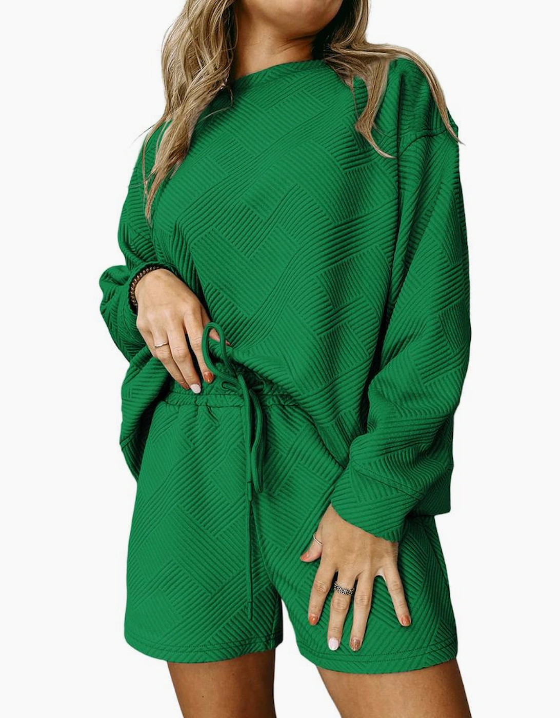 Green Textured Long Sleeve Top and Drawstring Shorts Set