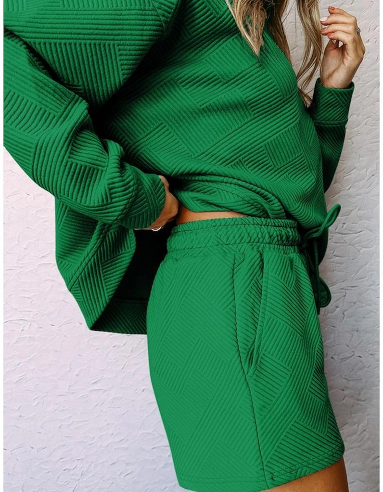 Green Textured Long Sleeve Top and Drawstring Shorts Set
