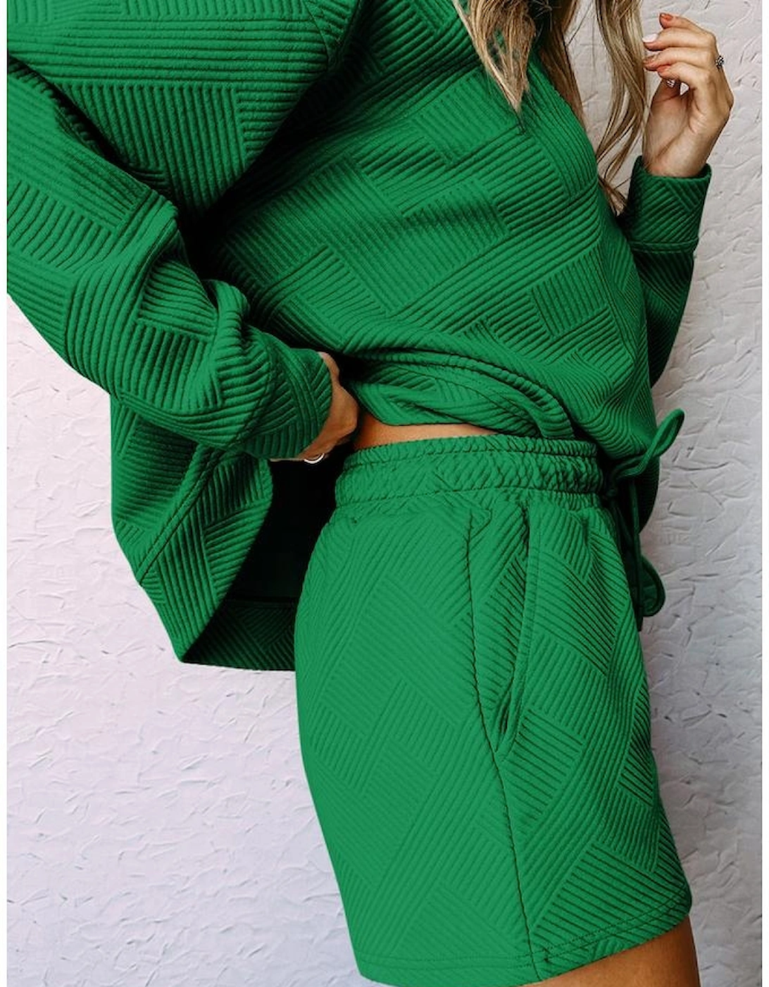 Green Textured Long Sleeve Top and Drawstring Shorts Set, 6 of 5