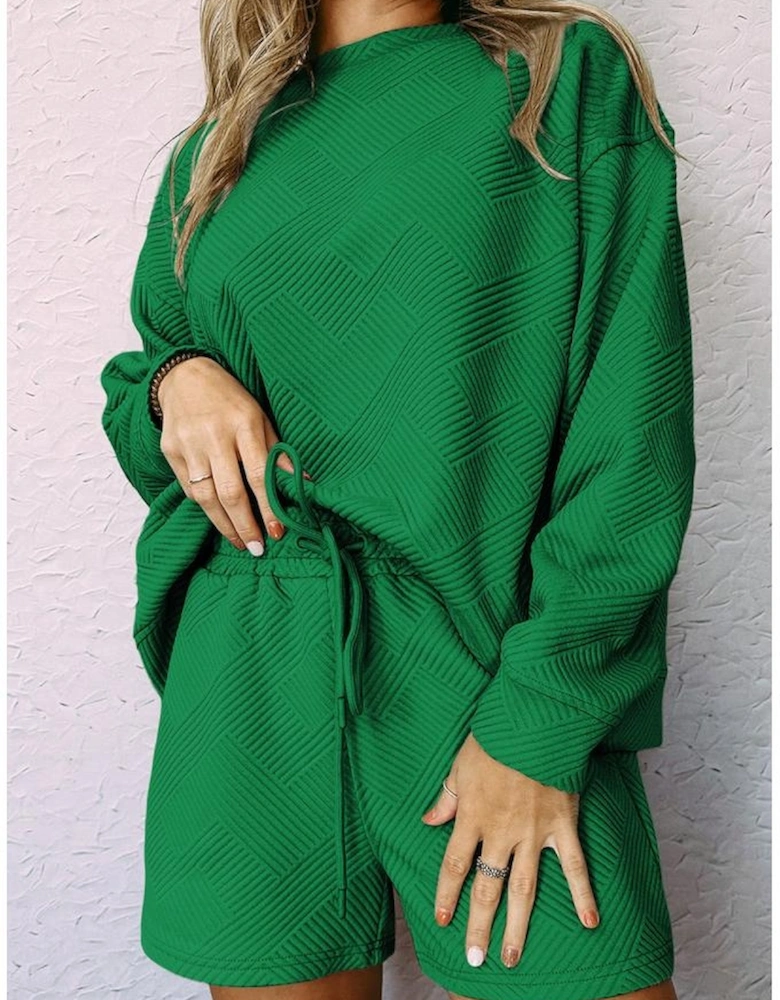 Green Textured Long Sleeve Top and Drawstring Shorts Set