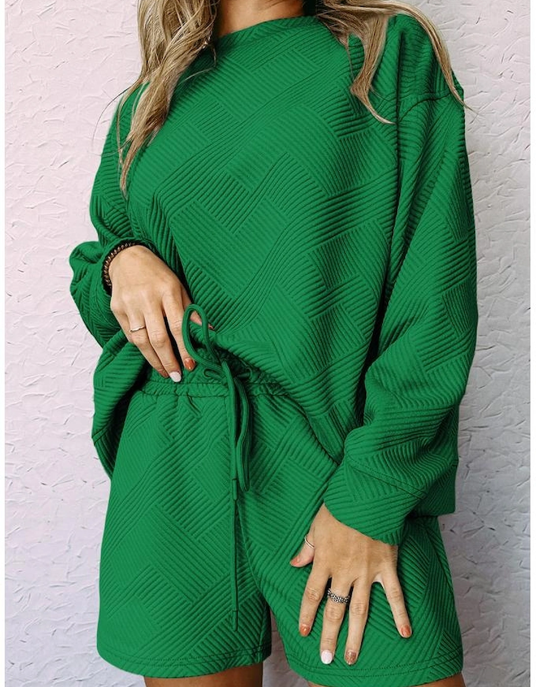 Green Textured Long Sleeve Top and Drawstring Shorts Set