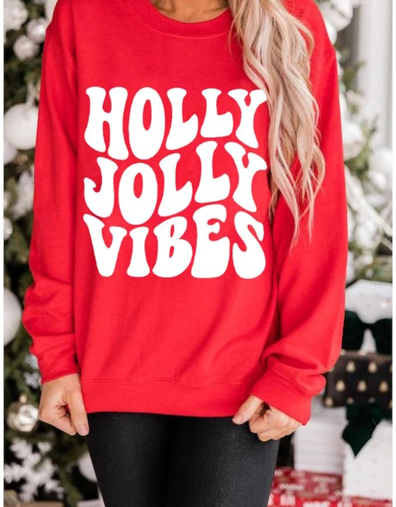 Red HOLLY JOLLY VIBES Graphic Crewneck Christmas Sweatshirt