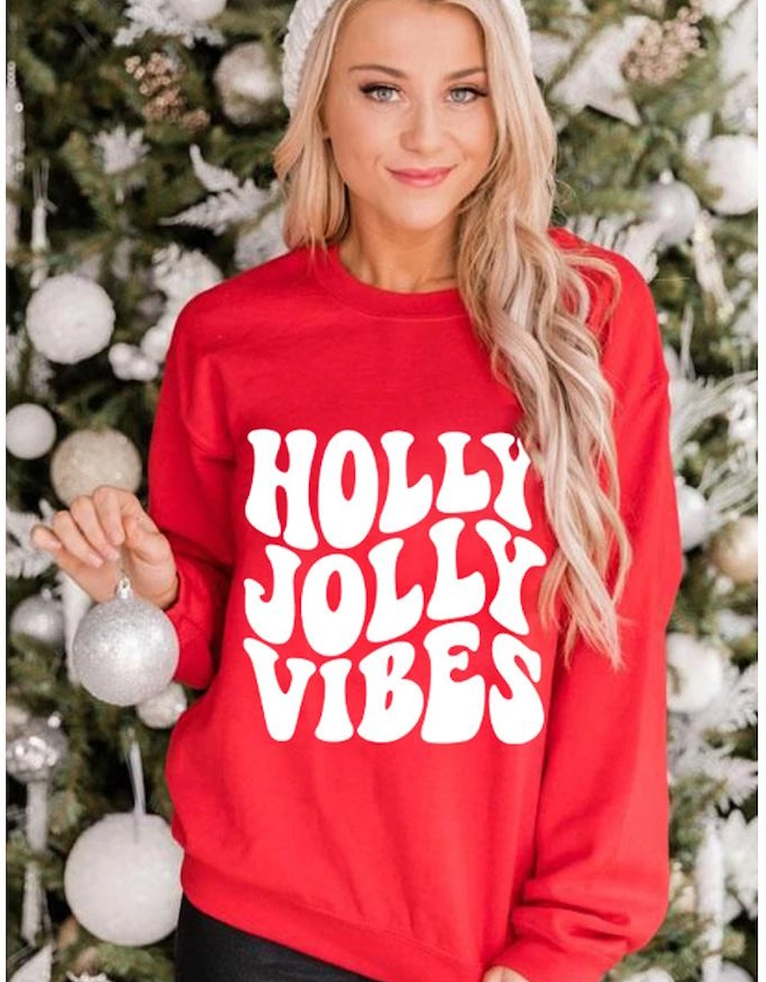 Red HOLLY JOLLY VIBES Graphic Crewneck Christmas Sweatshirt