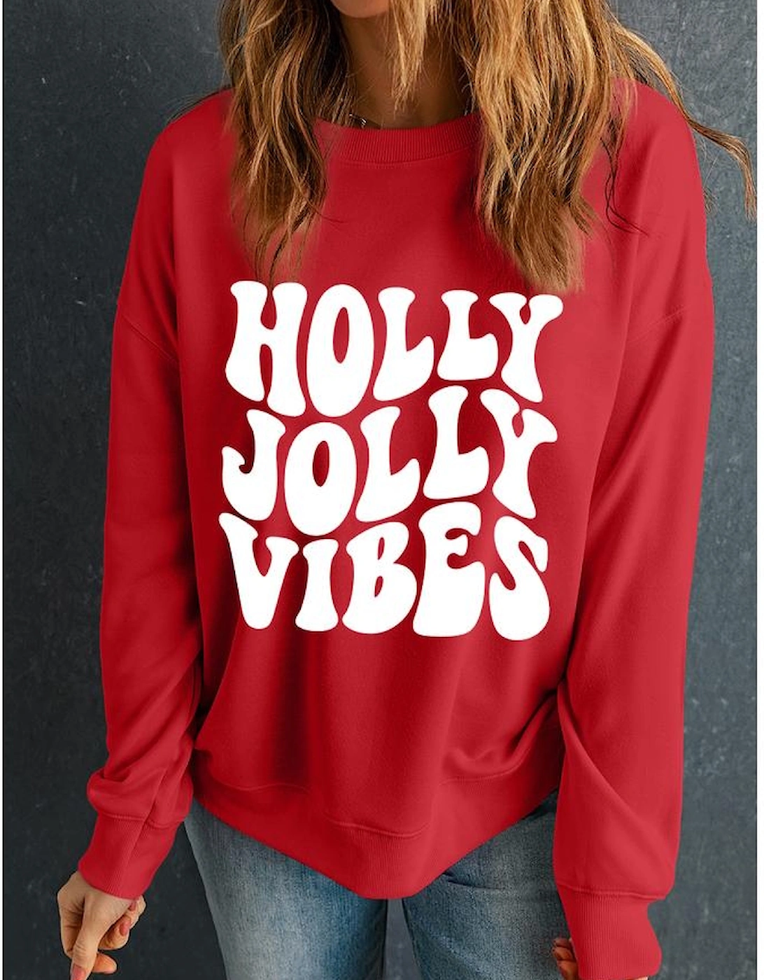 Red HOLLY JOLLY VIBES Graphic Crewneck Christmas Sweatshirt