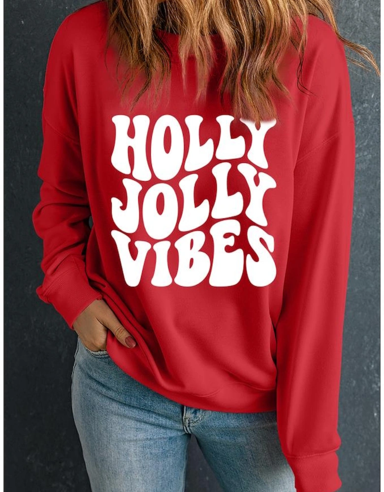 Red HOLLY JOLLY VIBES Graphic Crewneck Christmas Sweatshirt