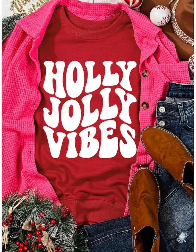 Red HOLLY JOLLY VIBES Graphic Crewneck Christmas Sweatshirt