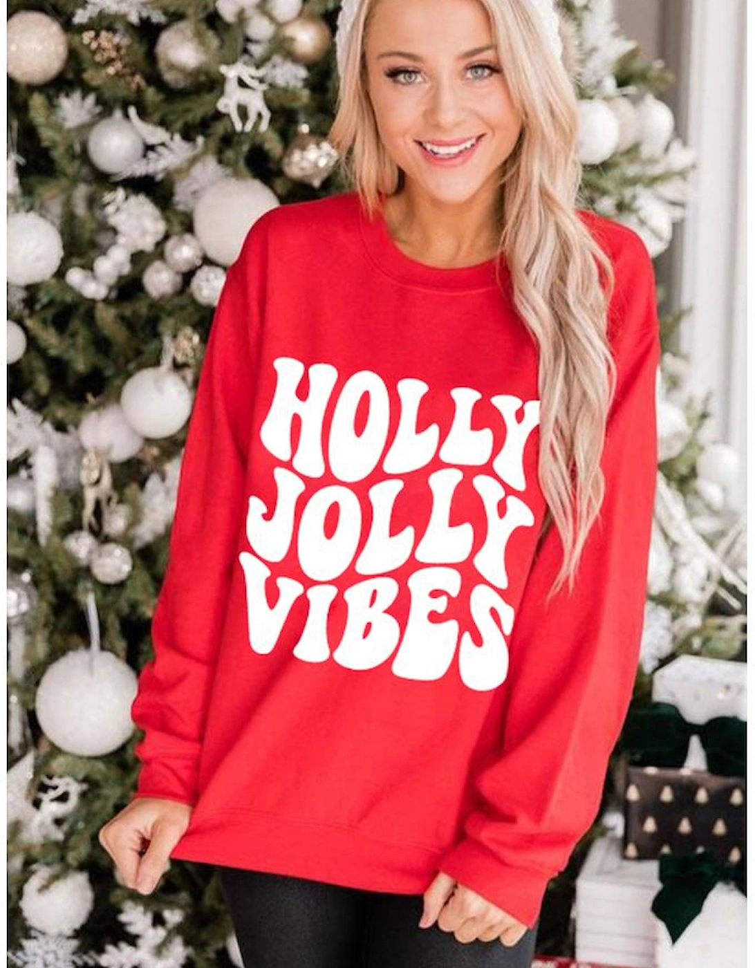Red HOLLY JOLLY VIBES Graphic Crewneck Christmas Sweatshirt