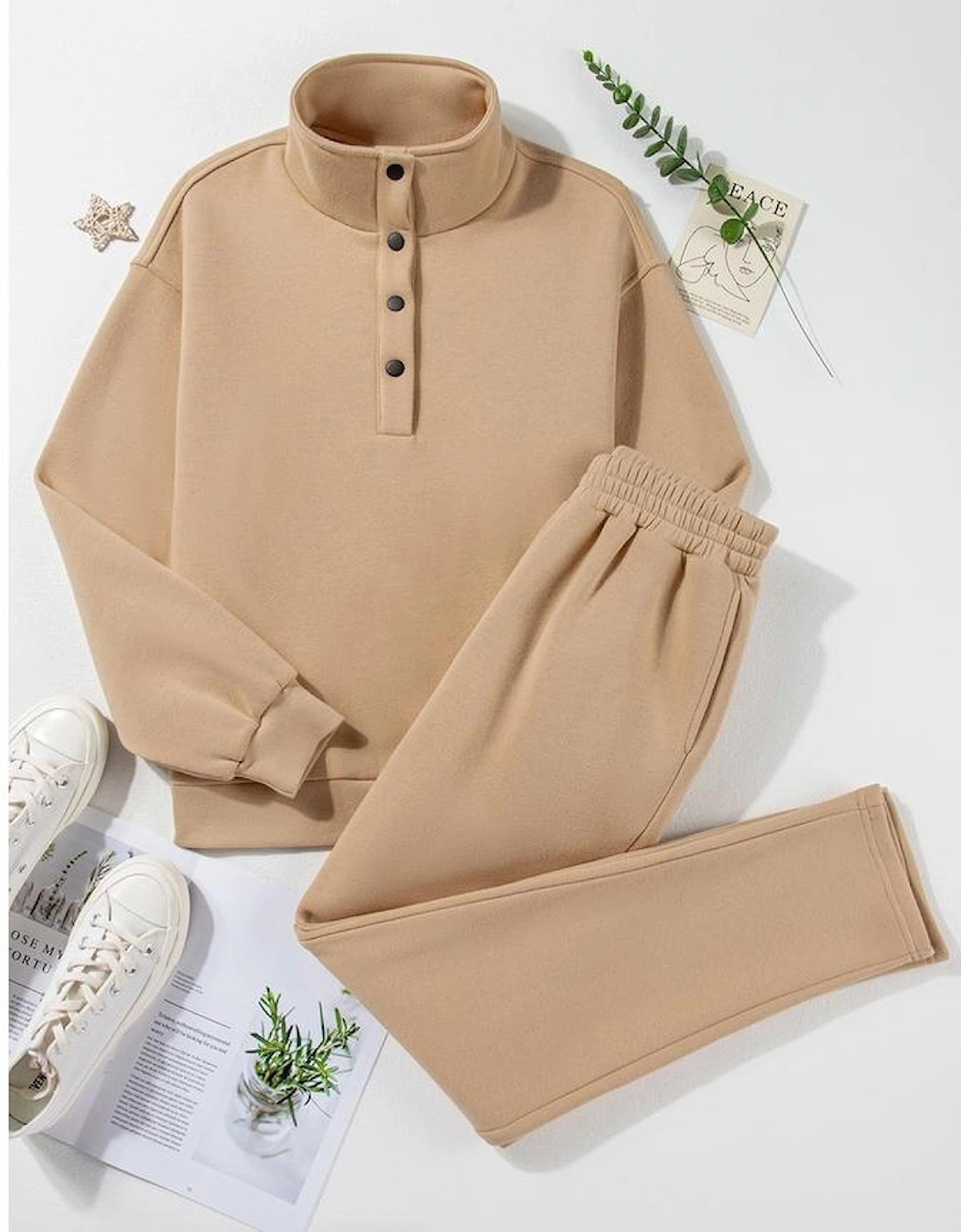 Parchment Solid Half Button Sweatshirt and High Waist Sweatpants Set