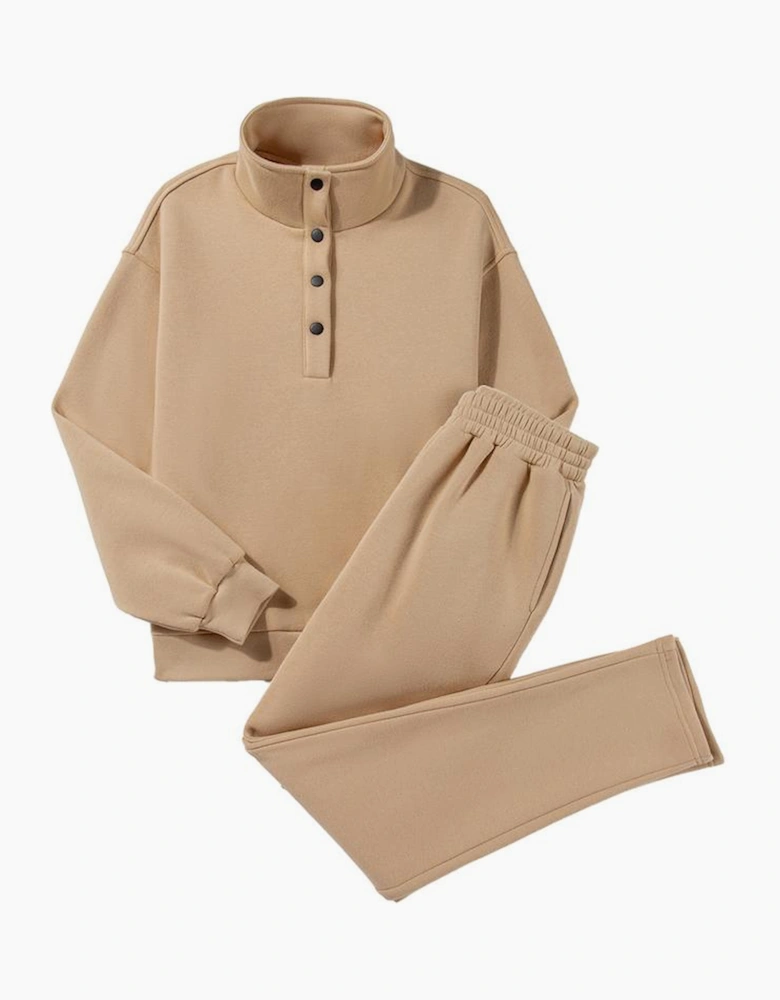 Parchment Solid Half Button Sweatshirt and High Waist Sweatpants Set