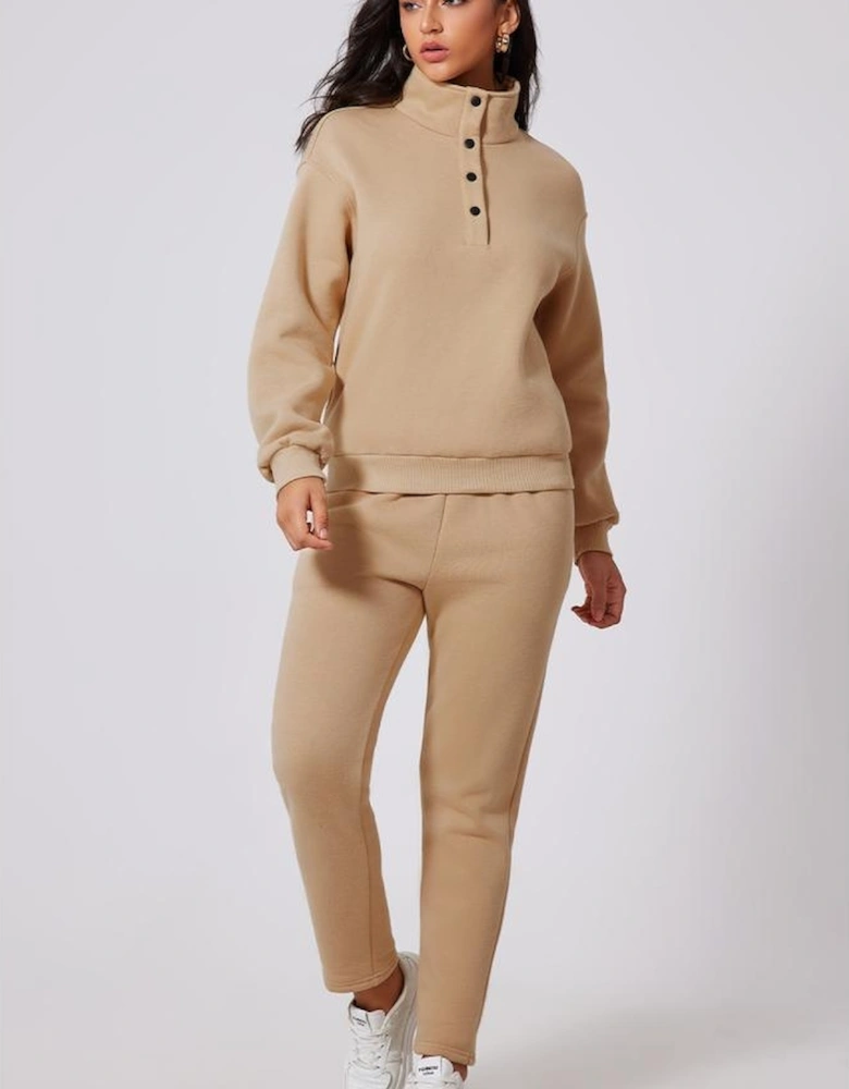 Parchment Solid Half Button Sweatshirt and High Waist Sweatpants Set