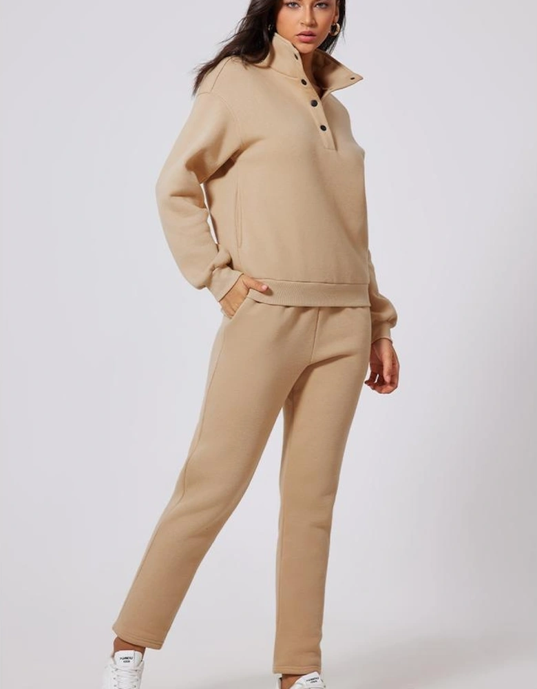 Parchment Solid Half Button Sweatshirt and High Waist Sweatpants Set