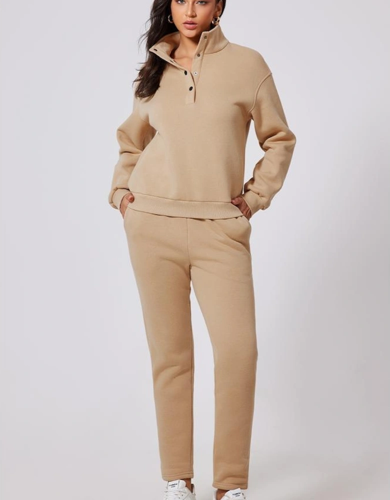 Parchment Solid Half Button Sweatshirt and High Waist Sweatpants Set