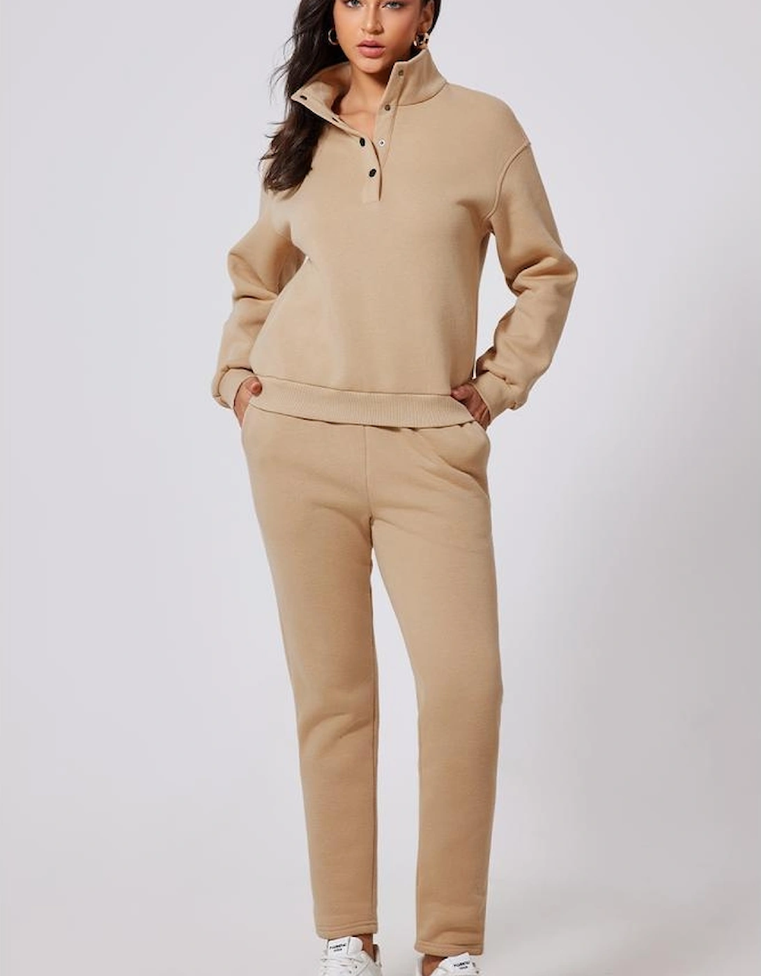 Parchment Solid Half Button Sweatshirt and High Waist Sweatpants Set