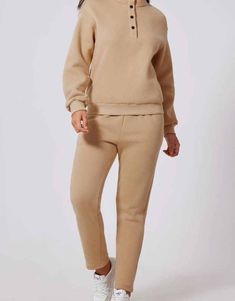 Parchment Solid Half Button Sweatshirt and High Waist Sweatpants Set