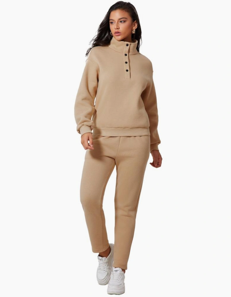 Parchment Solid Half Button Sweatshirt and High Waist Sweatpants Set