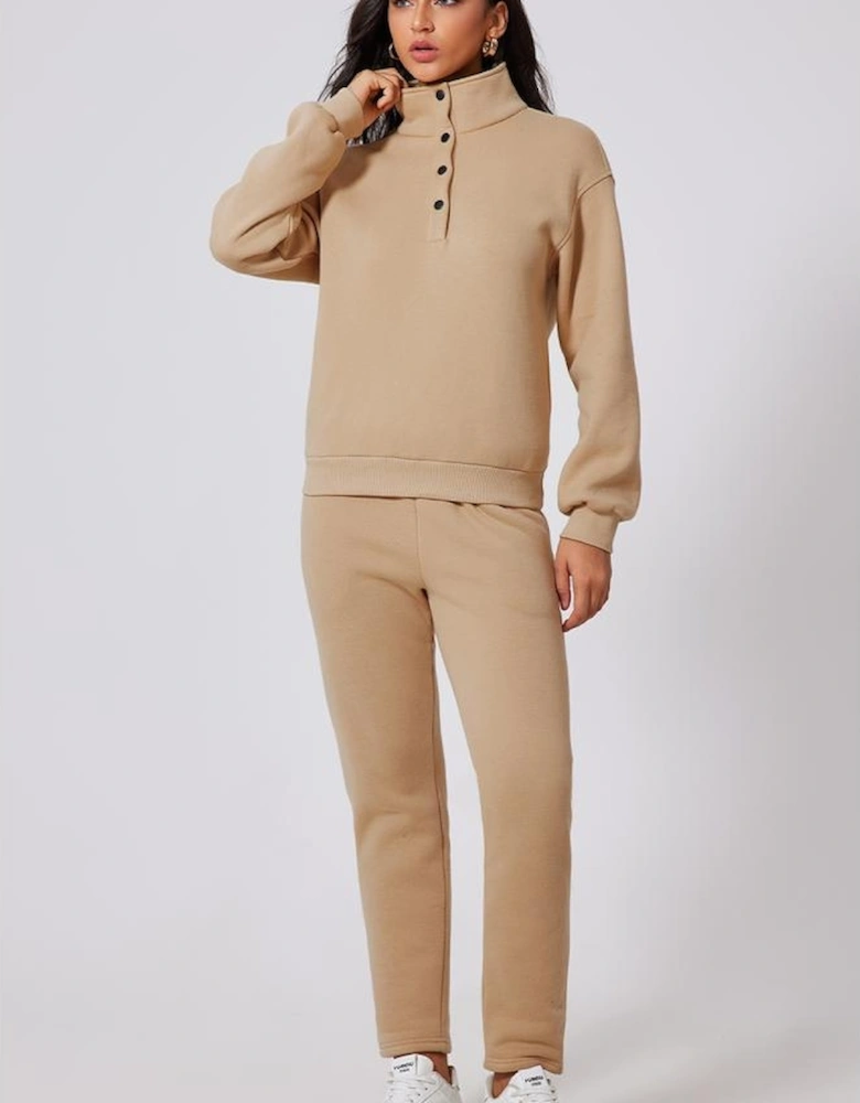Parchment Solid Half Button Sweatshirt and High Waist Sweatpants Set