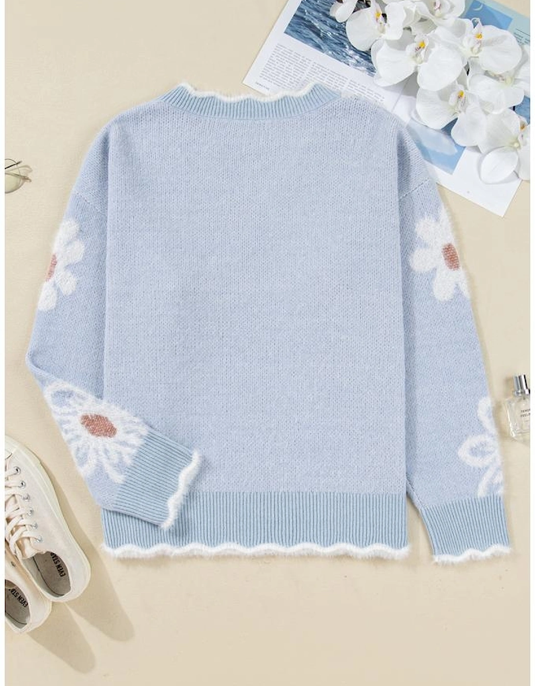 Gray Fuzzy Flower Scalloped V Neck Plus Sweater
