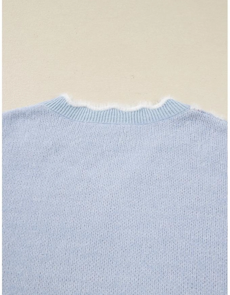 Gray Fuzzy Flower Scalloped V Neck Plus Sweater