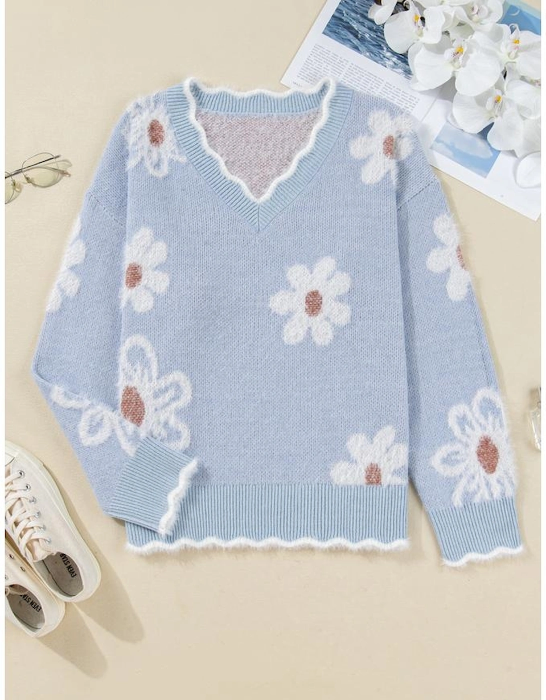 Gray Fuzzy Flower Scalloped V Neck Plus Sweater, 9 of 8