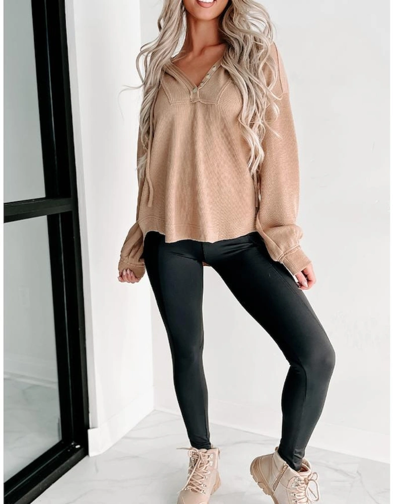 Khaki Buttoned V Neck Drawstring Knit Hoodie