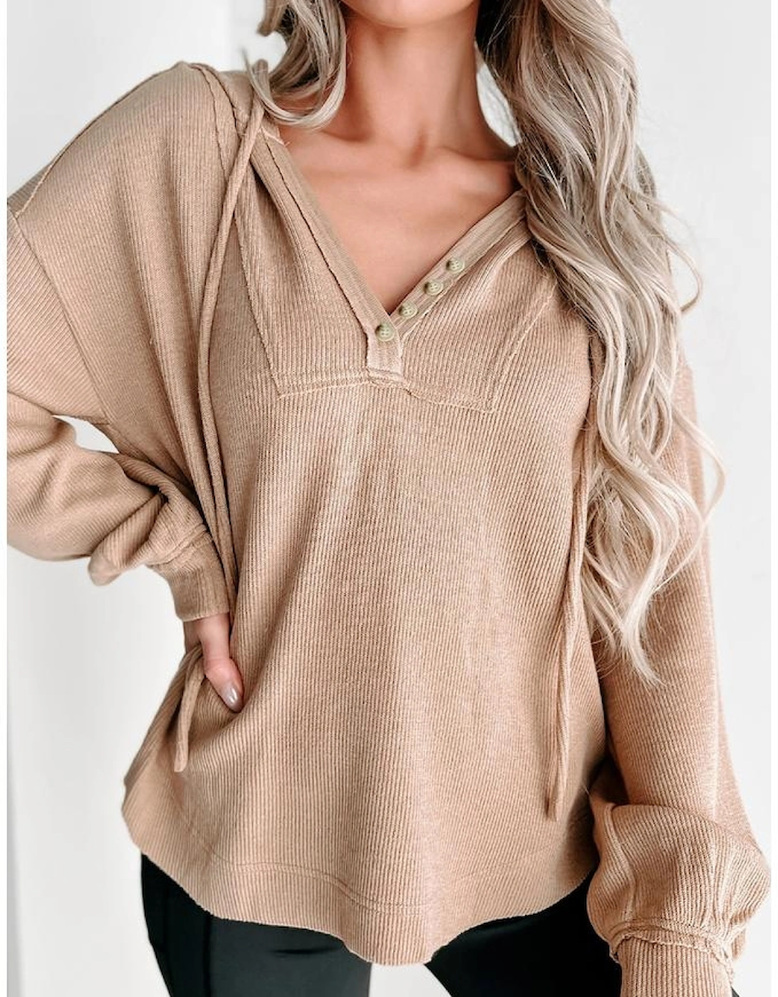 Khaki Buttoned V Neck Drawstring Knit Hoodie