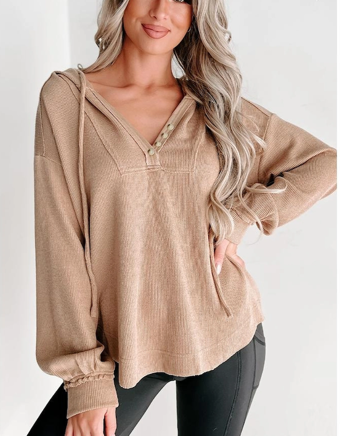 Khaki Buttoned V Neck Drawstring Knit Hoodie