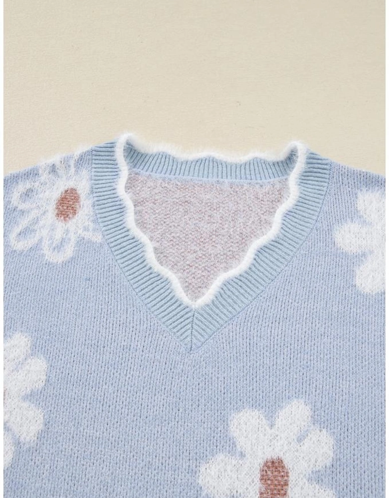 Gray Fuzzy Flower Scalloped V Neck Plus Sweater